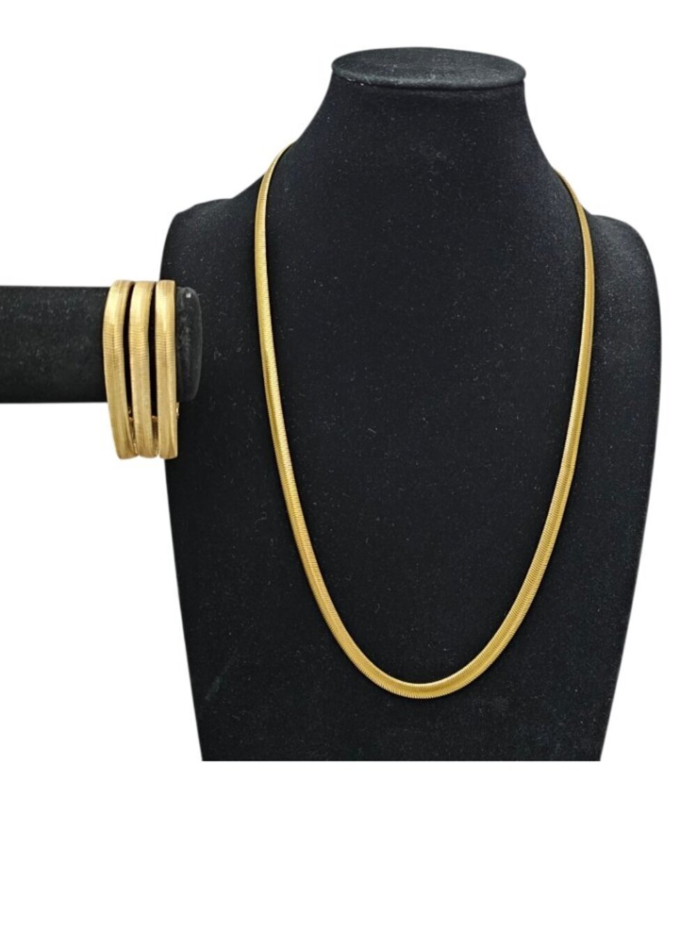 Vintage Gold Tone Flat Snake Long Necklace Triple Strand Bracelet Set